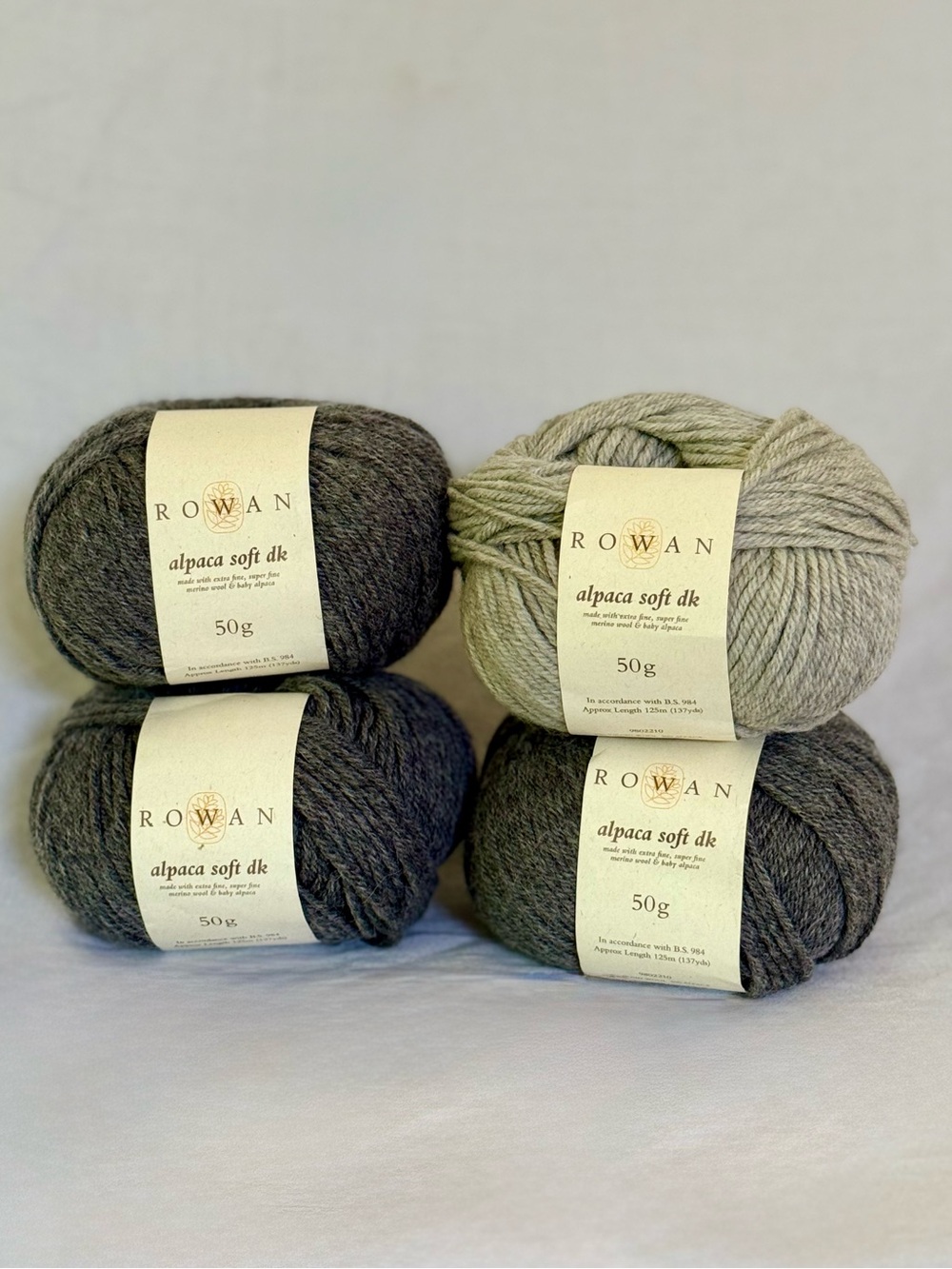 (4) Rowan Alpaca Soft Dk - Charcoal + Rainy Day - Merino/Alpaca 50g 137 yards ea